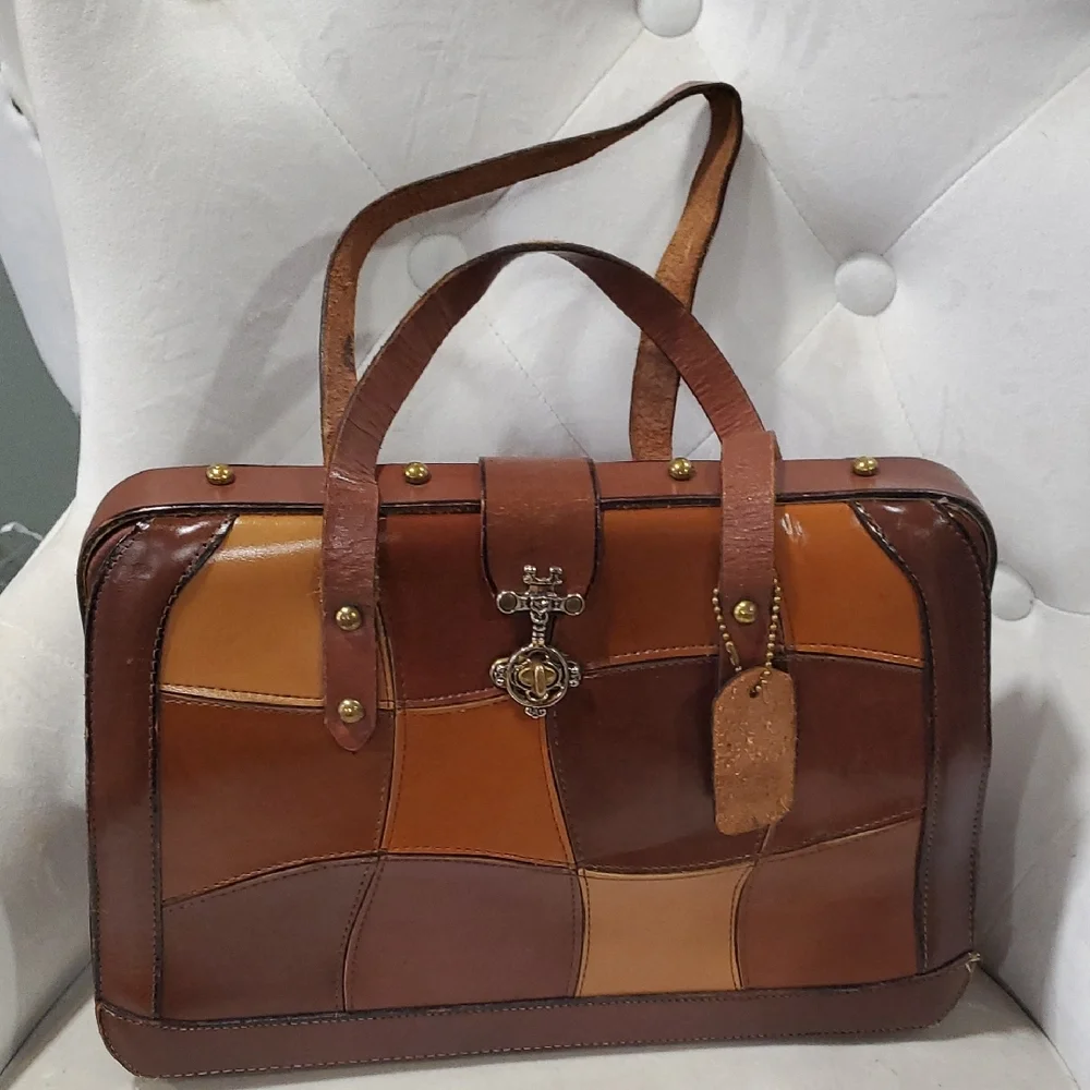 Vtg Burlington Elegant Leather Patchwork  Satchel Bag - Picture 3 of 17